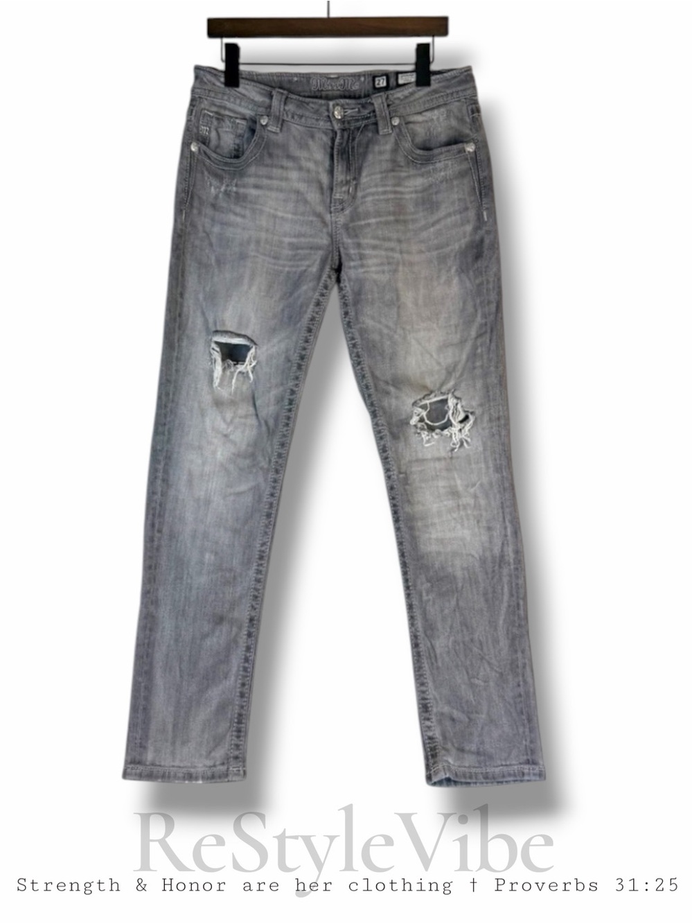 MISS ME Women’s Size 27 Denim Jeans Boyfriend Ankle Fit Gray Distressed Stretch